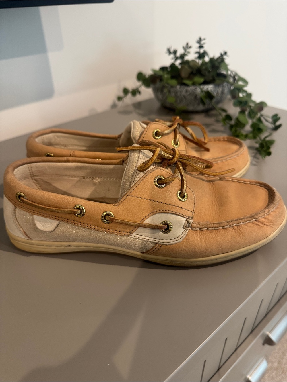 Sperry Tan and Cream Leather Boat Shoes
